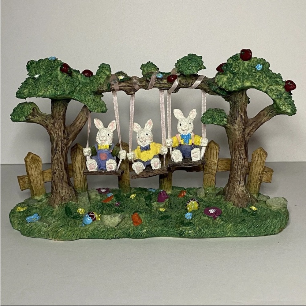 Swinging Bunnies Scene Resin Figurine Easter Spring Decor 9”x 6”x 5”